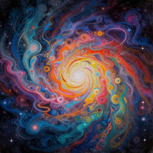 Vibrant, swirling cosmic abstract art with a bright, glowing center in red, orange, yellow, blue, and green, surrounded by colorful,