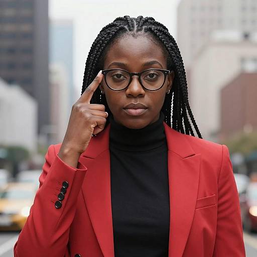 African-American Woman in Red Blazer Pointing to Temple