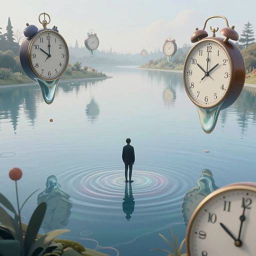 Photorealistic digital art: Silhouette of a person stands in a serene lake with floating clocks, surrounded by misty forest. Ripples spread from