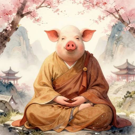 Digital illustration of a serene pig in traditional Japanese robes, sitting cross-legged beneath cherry blossoms, with ancient temples in the background.