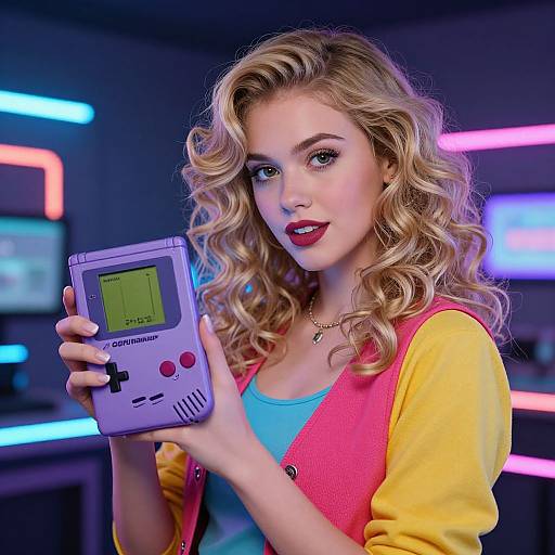 Photograph of a blonde woman with curly hair, wearing a yellow shirt and pink cardigan, holding a retro Nintendo Game Boy in a neon-lit
