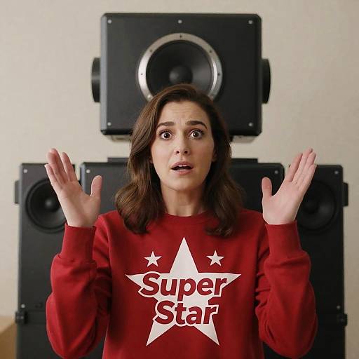 Surprised Woman with Raised Hands and Robot