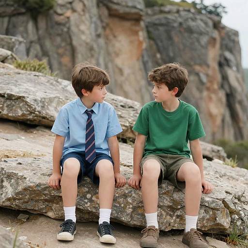 Boys on Rocky Cliff with Neutral Expressions