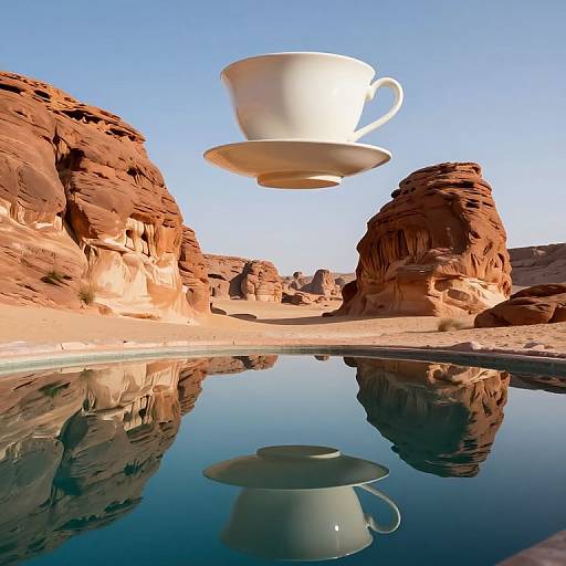 Photograph of a floating white coffee cup and saucer over a reflective desert oasis with red rock formations and clear blue sky.