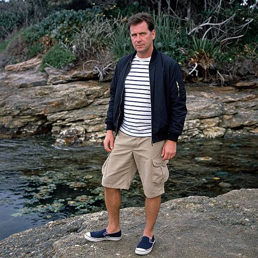 Photograph of a Caucasian man with short brown hair, black jacket, white striped shirt, beige cargo shorts, and black sneakers, standing on a rocky