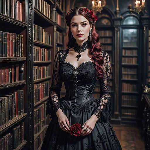 Elegant Gothic Woman in Victorian Library