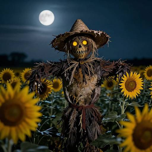 Spooky Nighttime Scarecrow in Sunflowers