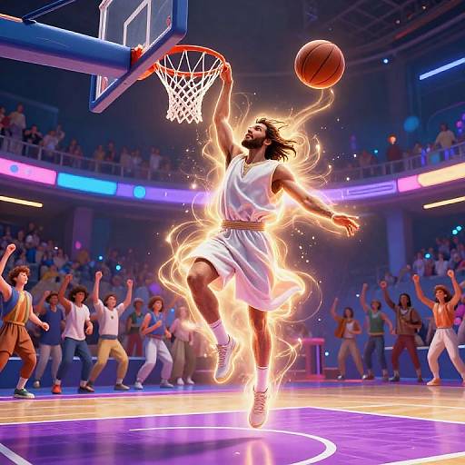 Digital illustration of a male basketball player with glowing, fiery aura, mid-dunk, in a brightly lit, packed arena, surrounded by cheering spectators.