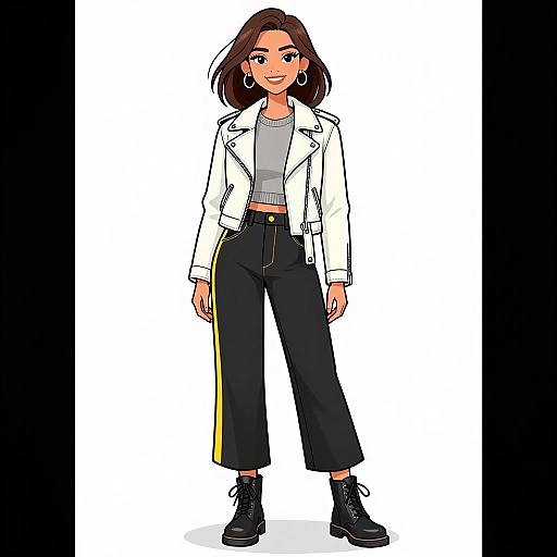 Digital anime-style drawing of a smiling woman with medium brown skin, straight brown hair, white jacket, gray top, black high-waisted pants,