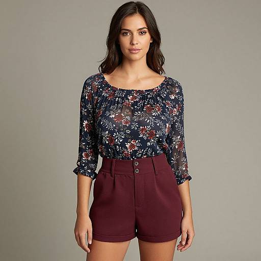 Photograph of a woman with long dark hair, wearing a floral navy blouse and high-waisted maroon shorts, standing against a plain gray background