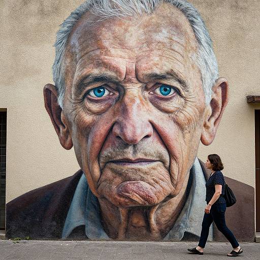 Photograph of a realistic street mural of an elderly man with deep wrinkles and blue eyes, beside a walking woman in black attire.