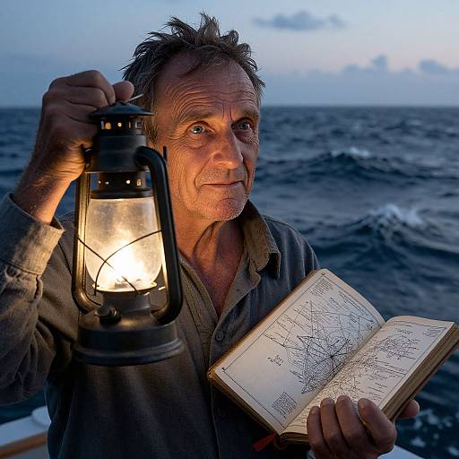 Photograph of an elderly man with weathered face, holding a glowing lantern and nautical map, against a dark, wavy ocean at dusk.