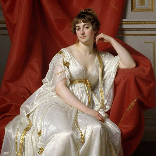 Classical portrait of a fair-skinned, dark-haired woman in a white, gold-trimmed Greek-style dress, seated against red drapery