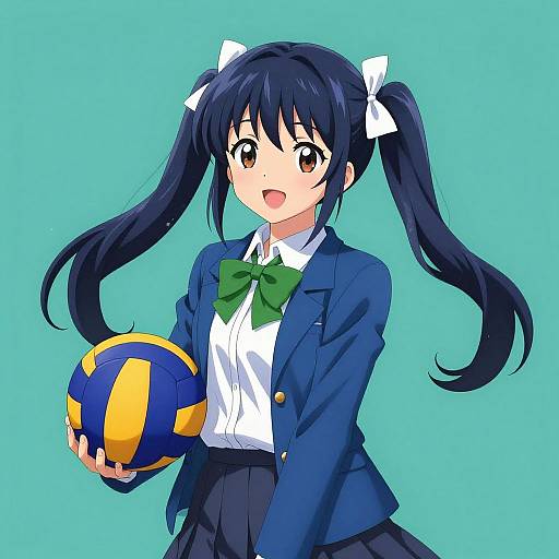 Anime-style digital drawing of a cute girl with long black twin-tails, green bow, blue blazer, white shirt, holding a yellow-blue volleyball