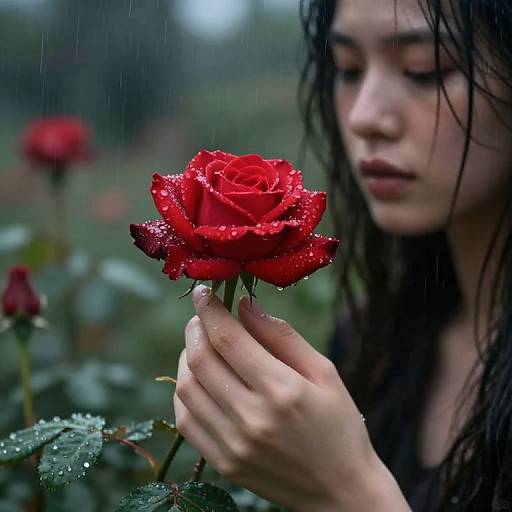Photograph of a wet-haired Asian woman holding a vibrant red rose with droplets of rain, in a blurred garden background.