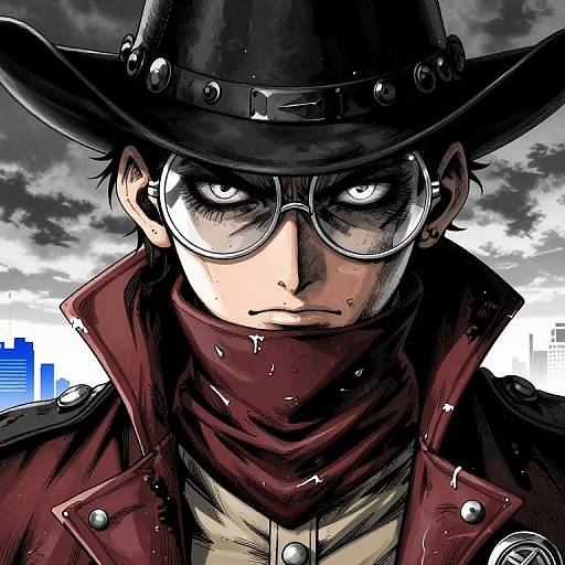 Digital anime-style drawing of a serious, intense-looking man in a black hat, large glasses, red scarf, and maroon coat, with a cloudy