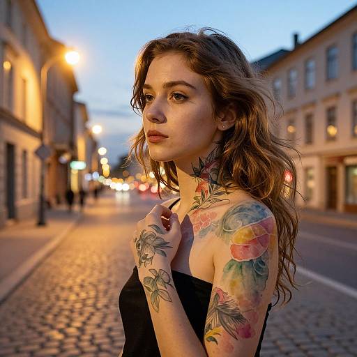 Photograph of a tattooed young woman with wavy brown hair, wearing a black strapless top, standing on a cobblestone street at twilight
