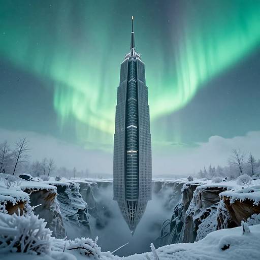 Surreal Skeletal Skyscraper with Auroras