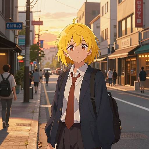 Yellow-Haired Anime Student at Sunset