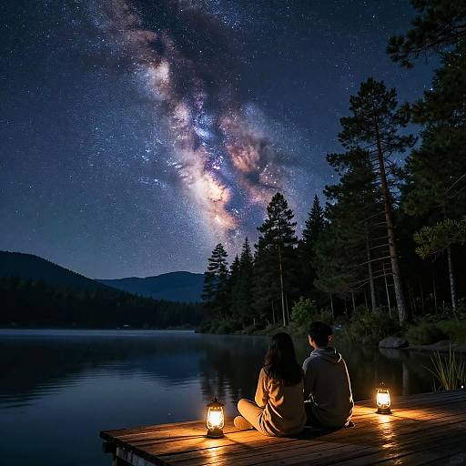 Photograph: Couple sits on wooden dock at night, gazing at the Milky Way galaxy over a serene lake, surrounded by trees.