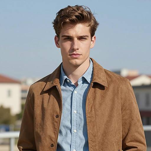 Handsome Young Man in Brown Jacket Outdoors