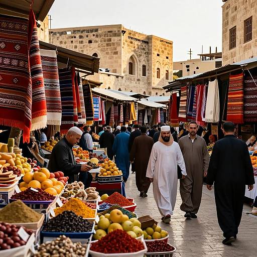 Photograph of a bustling Middle Eastern market with men in traditional white and black attire, colorful striped awnings, and vibrant fruit stalls, set against ancient