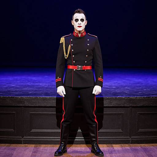 Photograph of a pale, white male in a black military uniform with gold epaulettes, red trim, and red belt, standing against a