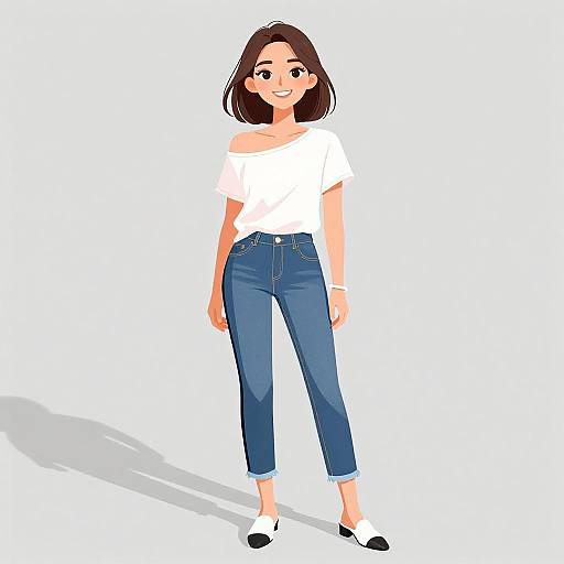 Smiling woman in casual off-shoulder top and stylish jeans