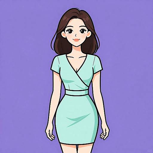 Digital anime-style drawing of a smiling woman with long brown hair, wearing a light blue V-neck dress, against a solid purple background.