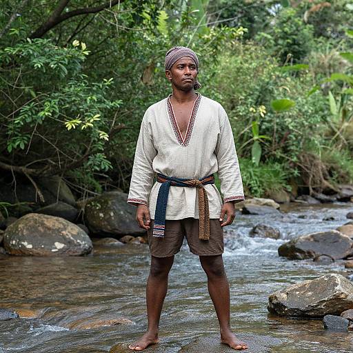 Photograph of a dark-skinned man with a muscular build, wearing a white long-sleeve tunic, brown shorts, and headwrap,