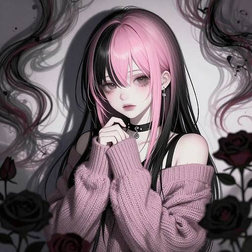 Digital anime-style drawing of a pale, pink-and-black-haired girl with black choker, pink sweater, and black dress, surrounded by black roses and