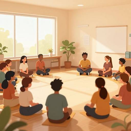 Illustration of diverse group of seated, casually dressed people in a bright, sunlit classroom with large windows and potted plants.