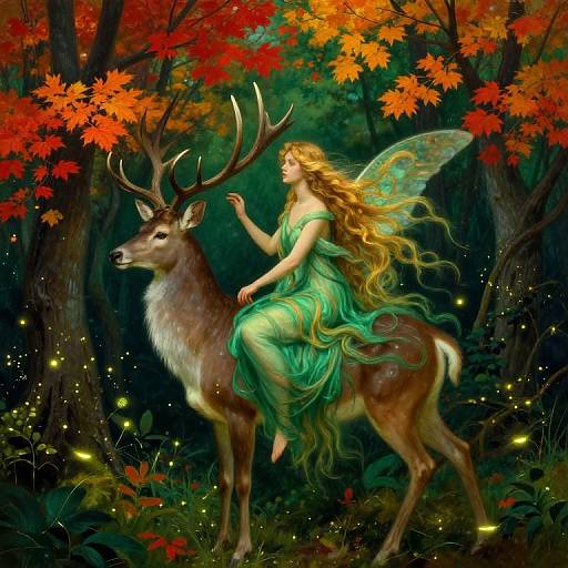 Digital fantasy art of a golden-haired fairy with translucent wings riding a majestic deer with large antlers through a vibrant autumn forest.