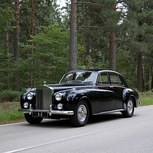 Photograph of a sleek, black vintage luxury sedan driving on a forest road, surrounded by tall pine trees and lush greenery.