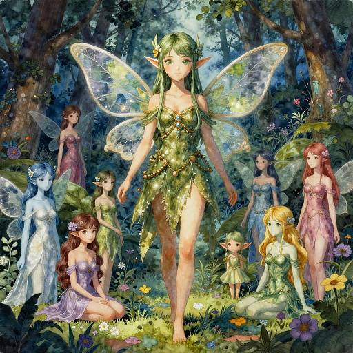 Digital fantasy artwork of green-haired fairy with translucent wings, leaf dress, surrounded by seven other fairies in a lush forest.