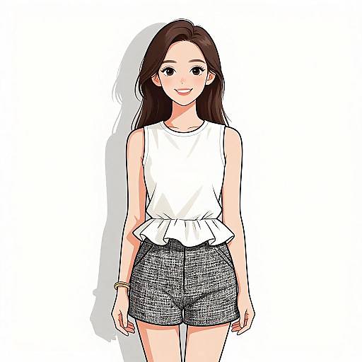 Digital anime-style drawing of a smiling young woman with long brown hair, wearing a white sleeveless top and black patterned shorts.
