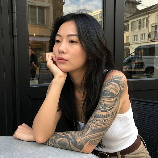 Photograph of an Asian woman with long black hair, tattooed right arm, white tank top, resting chin on hand, urban street cafe background.