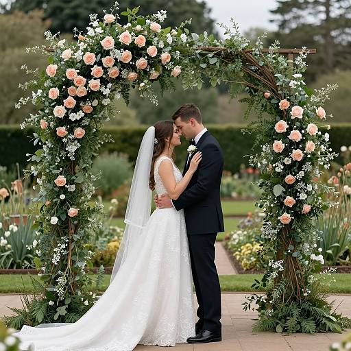 Photograph of a bride in a white lace gown and veil, kissing a groom in a black suit under a floral arch in a garden.