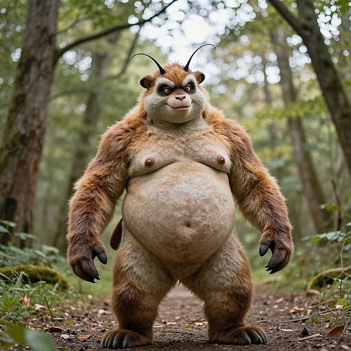 Photograph of a furry, anthropomorphic bear-like creature with small breasts, a chubby belly, and antennae, standing confidently on a forest path.