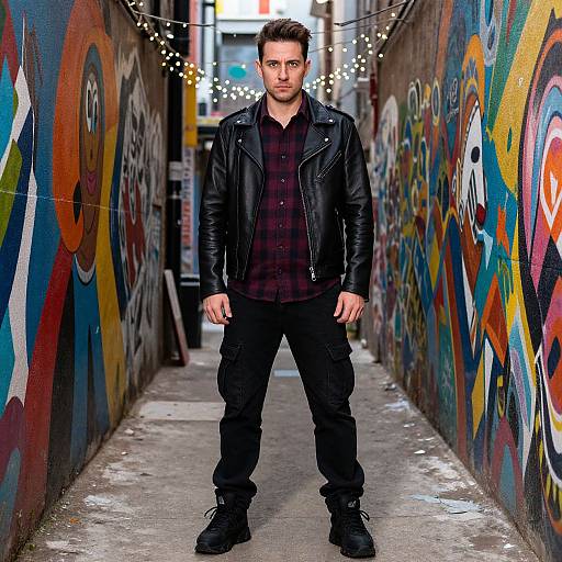 Photograph of a serious, handsome young man with short brown hair, wearing a black leather jacket, red plaid shirt, and black pants, standing