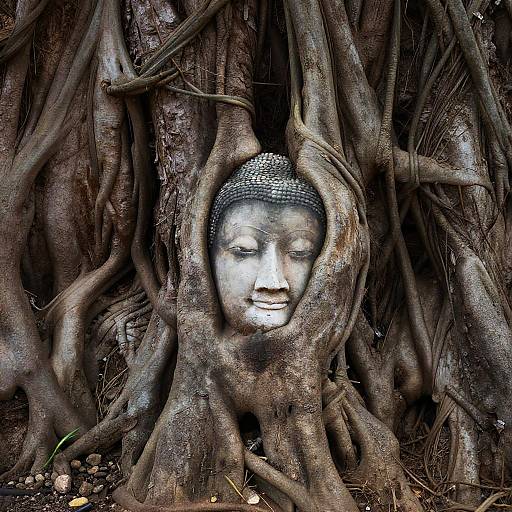 Serene Buddha Face Carved in Tree