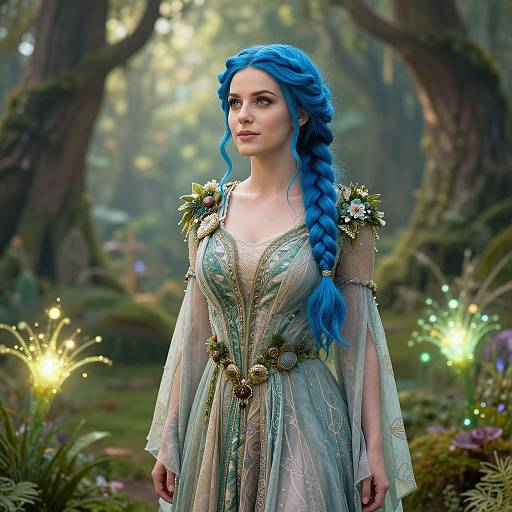 Digital fantasy artwork of a fair-skinned woman with vivid blue braided hair, wearing an ornate, teal and gold medieval-style dress, standing in
