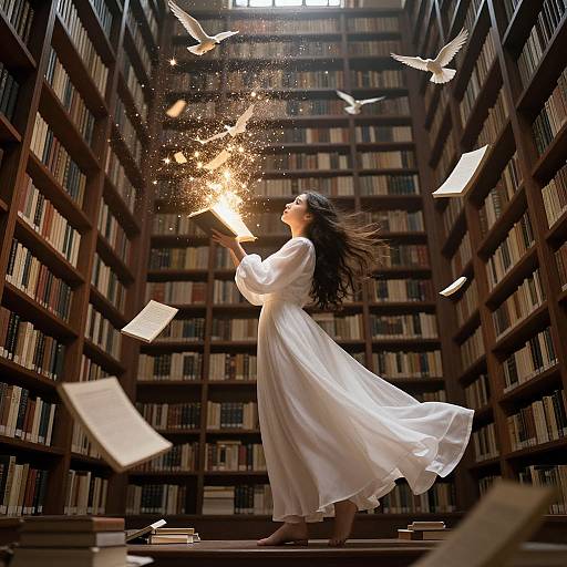 Photograph of a woman in a flowing white dress, conjuring sparks, surrounded by flying books and birds in a tall, dimly-lit library