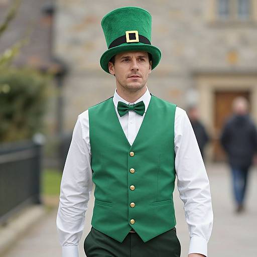 Photograph of a fair-skinned man in a green top hat, vest, bow tie, and white shirt, standing on a blurred street.