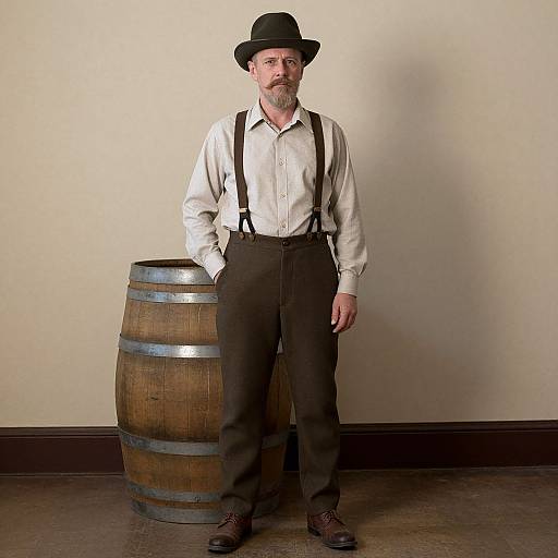 Photograph of a middle-aged Caucasian man with a beard, wearing a black bowler hat, white shirt, brown suspenders, and pants, standing
