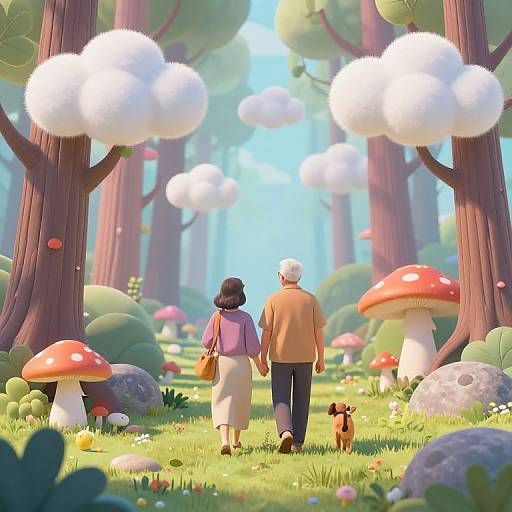 Elderly Couple Strolling Surreal Forest