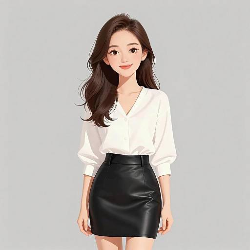 Digital illustration of an attractive Asian woman with long dark brown hair, wearing a white blouse and black leather skirt, smiling against a light blue background.