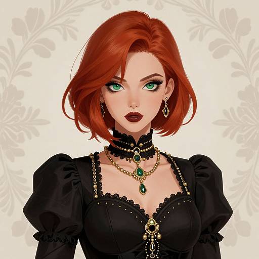 Digital drawing of a pale-skinned woman with vibrant green eyes and red bob haircut, wearing a black, gothic lace dress with puffed sleeves,