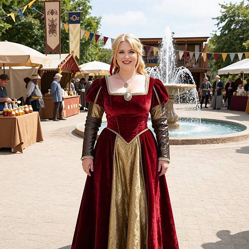 Photograph of a smiling blonde woman in a medieval-style burgundy and gold velvet gown with black sleeves, standing in a sunny outdoor market with a fountain