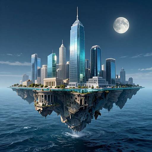 Digital artwork of a futuristic cityscape floating on a rocky island, surrounded by blue ocean, under a full moonlit night sky.
